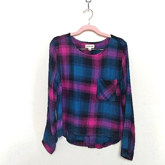 Anthropologie Cloth and Stone Pink and Teal Plaid Lace Up Back Top Size Small - Picture 2 of 13